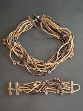 Multi-Strand Natural Wood Beaded Necklace and Bracelet Set - Brown